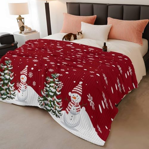 Christmas Snowman Throw Blanket, Winter Xmas Trees Fluffy Soft Blankets for Couch Bed Travel, Snowflakes Red Plush Microfiber Striped Flannel Blankets, Lightweight Sofa Blankets 50"x80" - Image 2