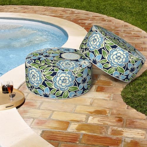 Outdoor Patio Inflatable Ottoman, 21x9 Inch Portable Stool Ottoman with Handle, Round Footrest Stool for Home Garden Camping, Azure Bloom - Image 5