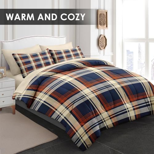 WeCozy King Comforter Set with Sheets, 7 Pieces Plaid Navy Bedding - Image 4
