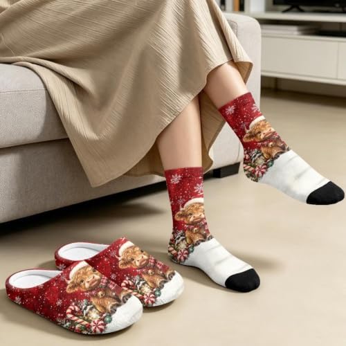 Jeiento Winter Fuzzy Slipper and Crew Socks for Women,Adult Slip-on Close Toe House Slipper,Flat Comfort home Slides - Image 3