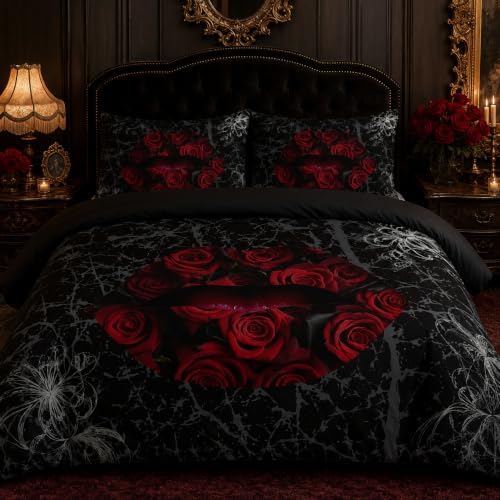 CCoutueChen Gothic Black Rose Bedding Set Full Size, Red Sexy Lip Comforter Set for Girls Women, 3 Pieces Soft Fluffy Microfiber with 2 Pillowcases, 79"x90" by CCoutueChen