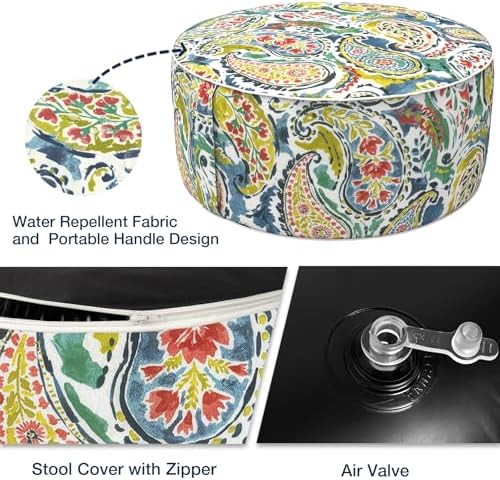 Outdoor Patio Inflatable Ottoman, 21x9 Inch Portable Stool Ottoman with Handle, Round Footrest Stool for Home Garden Camping, Paradise Paisley - Image 3
