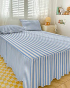 Blue Striped Bed Skirts for Cal King Bed 18 Inches Drop, Wrap Around Bedskirt Dust Ruffle Pleated Bedspread Modern Simple Farmhouse Beige Vintage Fitted Sheet with 2 Decorative Pillowcase 36"x20" - Image 3
