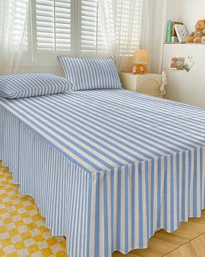 Blue Striped Bed Skirts for Cal King Bed 18 Inches Drop, Wrap Around Bedskirt Dust Ruffle Pleated Bedspread Modern Simple Farmhouse Beige Vintage Fitted Sheet with 2 Decorative Pillowcase 36"x20" - Image 3