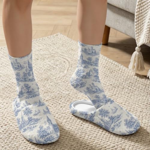 Toile de Jouy Fuzzy Slipper with Socks for Women Cozy Slipper Indoor - Image 3
