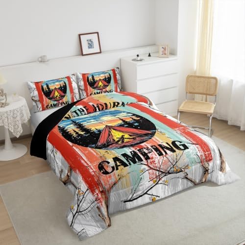 Erosebridal Happy Camping Full Comforter Set,RV Camper Bedding Sets for Travel Trailer,Rustic Cabin Quilt Bed Set for Kids Girls Boys,Forest Tree Mountain Bedroom Decor,2 Pillowcases Breathable - Image 3
