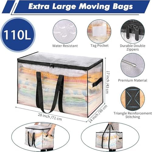 Transparent PP Woven Storage Bag,Large Moving Bags with Tag Pocket,Wear-resistant Laundry Bags for Clothes,Bedding,Quilt,Blankets,29x17x13in (3) - Image 2