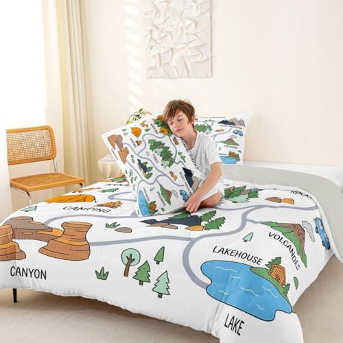 Erosebridal Forest Camping Theme Kids Comforter Set Full Size, Camping Lover Gifts Bedding Sets for Girls Boys, Outdoor RV Camper Bed Set, Rustic Mountain Cabin Bedroom Decor - Image 4