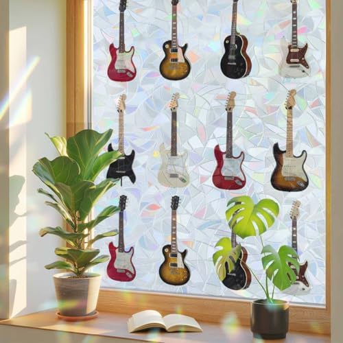 Music Window Privacy Film Rainbow Static Cling Stain Glass Window Film for Glass Door, Decorative Heat Control UV Blocking Frosted Sunroof Decal Sticker for Car 29.5"x78.7" Red Beige Guitar Modern Art - Image 3