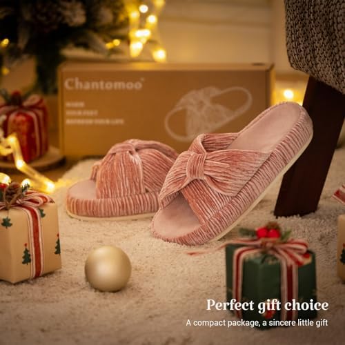 Chantomoo Slippers for Women Memory Foam House Bedroom Corduroy Bow Crossbands Slipper Shoes Comfy Trendy Gift Slippers - Image 4
