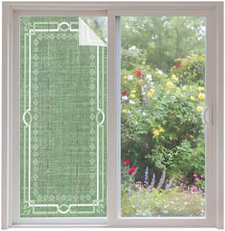 Window Privacy Film Frosted, Olive Green Botanical Non-Adhesive Static Cling Window Tint, Vintage Florals Geometric Minimalist Insulated Windows Frosted Films for Living Room, 35.4 x 78.7 Inches by Unknown