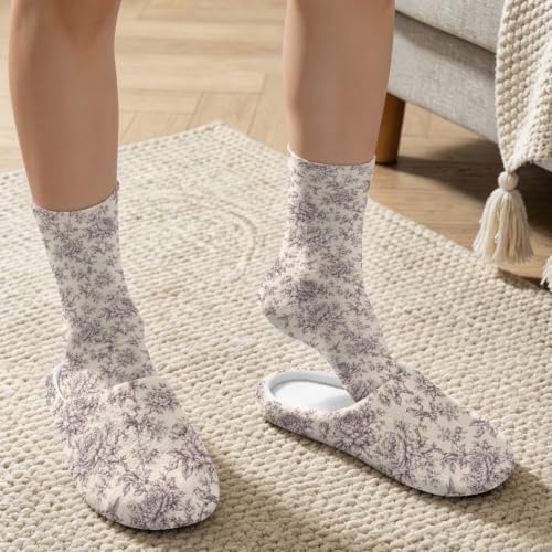 Toile de Jouy Fuzzy Slipper with Socks for Women Cozy Slipper Indoor - Image 3