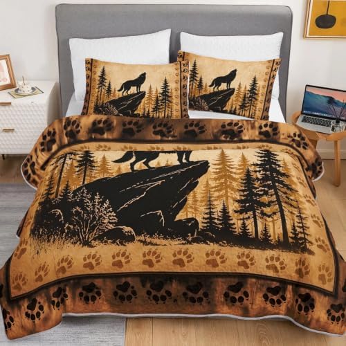 HOSIMA Wolf Quilt Queen,Howling Wolf Forest Bedding with 2 Pillowcases. - Image 3