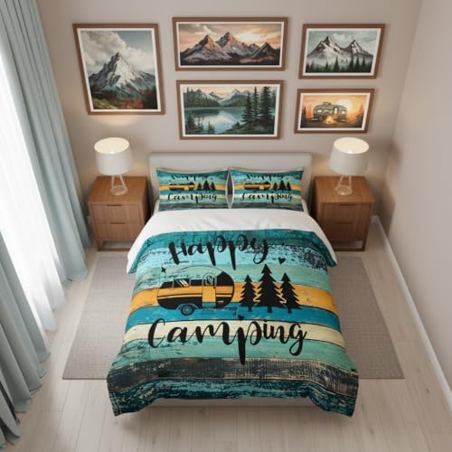 Castle Fairy RV Camper Duvet Cover Twin Size,Happy Camping Green Blue Bedding Set 2pcs for Kids Teens,Farmhouse Style Stripes Comforter Cover Soft Quilt Cover Bedroom Decor Bedspread,No Comforter - Image 2