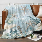 Blue Ocean Throw Blanket, Coastal Starfish Coral Fluffy Soft Blankets for Couch Bed Travel, Flowers Plush Microfiber Striped Flannel Blankets, Underwater Lightweight Sofa Blankets 32"x48" - Image 2