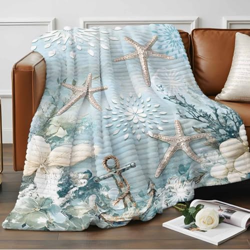 Blue Ocean Throw Blanket, Coastal Starfish Coral Fluffy Soft Blankets for Couch Bed Travel, Flowers Plush Microfiber Striped Flannel Blankets, Underwater Lightweight Sofa Blankets 32"x48" - Image 2