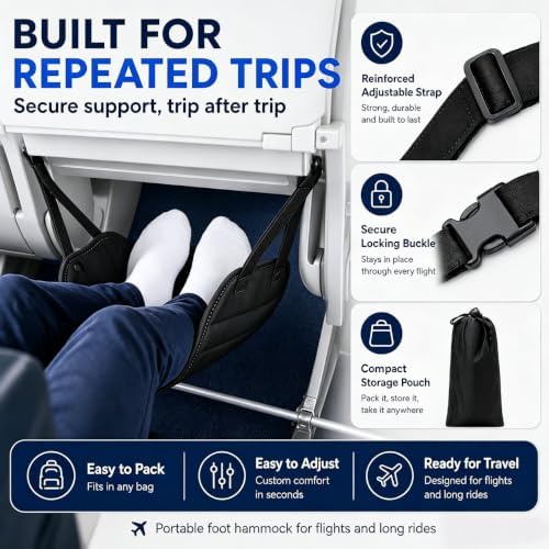 4-in-1 Airplane Sleep Support System with Travel Pillow, Eye Mask, Head Support Strap & Foot Rest Hammock Adjustable Neck Support Pillow Portable Sleeping Accessories for Long Flights Car Train - Image 4