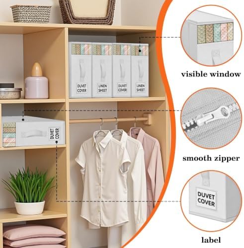 WOWBOX Sheet Organizers and Storage,Closet Bed Sheet Organizer Under Bed Storage and Organization with Label Cards & Clear Window for Bedding Sheets,Duvet Covers,Blankets (3 Pack，White) - Image 2
