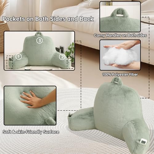 Soft Reading Pillow for Bed with Arms,Middle,Green,Faux Fur - Image 5