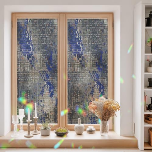 Window Privacy Film Static Cling, Blue Slate Gray Decorative Stained Glass Window Film for Sliding Patio Doors/Living Room Glass Doors, Geometric Modern Industrial Abstract Art 29.5 x 78.7 Inches - Image 3