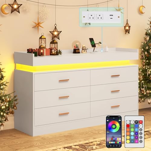jiteentarou 6 Drawer Dresser with Charging Station and LED Lights, Modern Chest of Drawers with Power Outlet, Organizer Cabinet for Bedroom, Living Room, White by jiteentarou