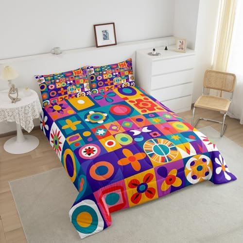 Erosebridal Watercolor Geometric Toddler Bedding Set,Mexican Talavera Tile Comforter Set for Kids Room Decor,Colorful Rainbow Quilt Bed Set Abstract Style Down Comforter 2Pcs - Image 3