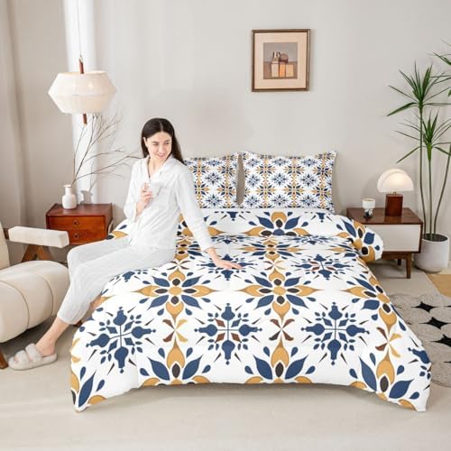 Erosebridal Mexican Style Full Bedding Set,Talavera Tile Ethnic Comforter Set for Kids Adults,Colorful Boho Floral Duvet Insert,Navy Blue Orange Geometric Bedroom Decor with 2 Pillowcases by Erosebridal