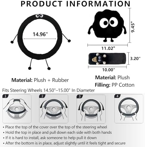 Car Headrest Pillow & Steering Wheel Cover Set with Cute Big-Eyed Furball Travel Neck Support Pillow Fur Car Interior Accessory (Black 5Pcs Set) - Image 7
