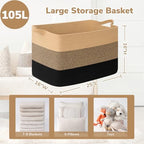 Goodpick 105L Extra Large Woven Rope Blanket Basket, Rectangle, Black Jute - Image 3