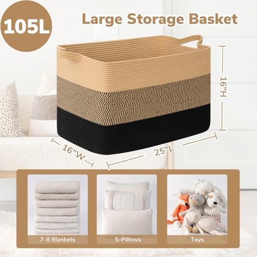 Goodpick 105L Extra Large Woven Rope Blanket Basket, Rectangle, Black Jute - Image 3