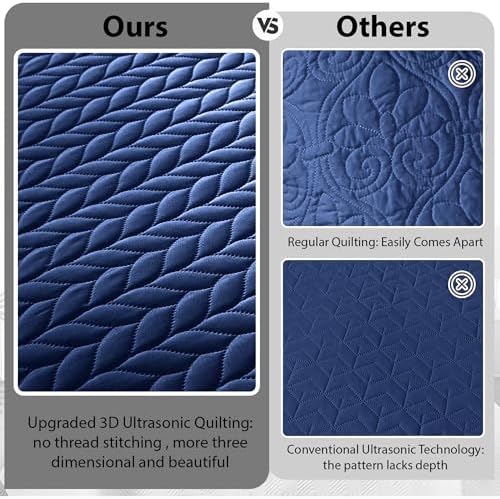King Quilt Set Bedspread Coverlet Bedding Leaf Navy 106"x96" - Image 5