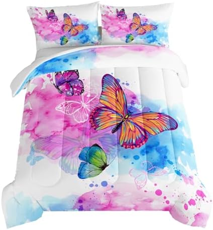HOSIMA Butterfly Comforter Set,Pink Butterfly Comforter Full Size for Girls Kids Women Bedroom Decor,Color Ink and Colorful Butterfly Pattern Bedding Set Full Size,Butterfly Bed Set for Girls. by HOSIMA