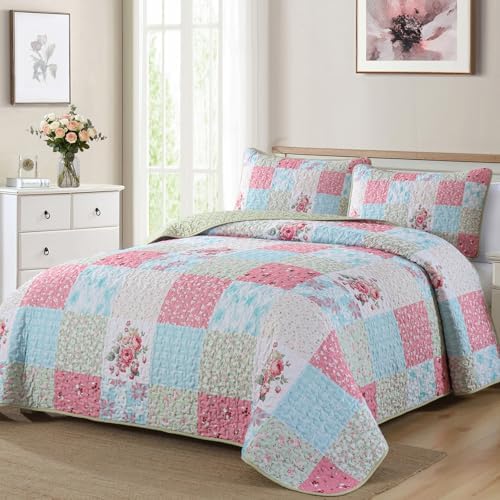 Mybedsoul Boho Quilt King Size, Patchwork Floral Bedding Set, Blue Pink - Image 2