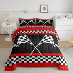Castle Fairy Race Car Themed Full Size Comforter Set,Black White Checkered Flag Print Bedding Comforters Bedroom Collection,Red Stripes Geometric Grid Plaid Bedding Set for Girls Teens - Image 5