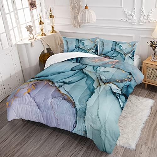 HOSIMA Gold and Blue Marble Abstract Full Comforter with 2 Pillowcases. - Image 2