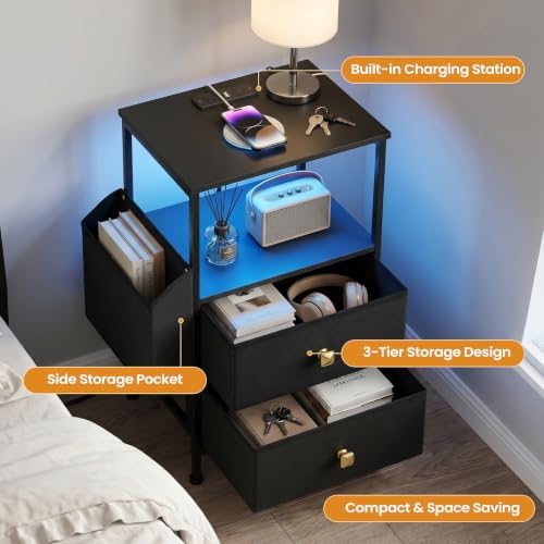 MALOL Night Stand with Charging Station & Led Light Strip, Bedside Table with Open Shelf & 2 Fabric Drawers and Reversible Side Storage Pocket, Modern End Table Bedroom,Living Room,Black - Image 6