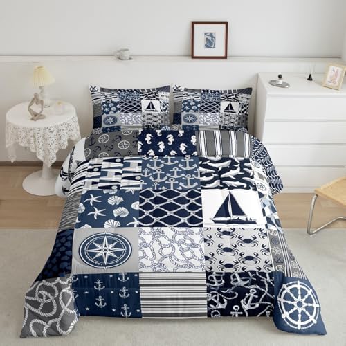 Castle Fairy Nautical Themed Checkered Bedding Comforter Twin Size Ocean Adventure Comforter Set for Kids Boys Teens,Navy Blue Rudder and Boat Anchor Quilted Duvet Patchwork Stripes Duvet Insert 2pcs - Image 4