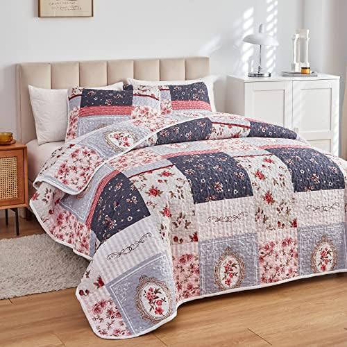 Patchwork Quilt Set Twin Size, 2 Pieces Pink Purple Floral Plaid Design Summer Bedspread Coverlet Set, Soft Microfiber Reversible Lightweight Bed Cover for Kids (68" x 86", 1 Quilt+ 1 Pillow Sham) - Image 2