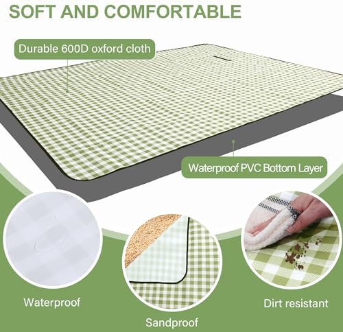 HX&OD Picnic Blanket Outdoor Extra Large Picnic Mat 80"X60" Camping Blanket Beach Blanket Foldable Waterproof Sand Mat Hiking Travel Family Concerts(Green) (Pack of 2) - Image 3