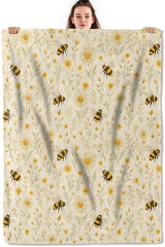 Realistic Bee and Daisy Throw Blanket, Lightweight Warm Watercolor White Flowers Flannel Blanket, Home Decor and Gifts, Soft Cozy Blankets for Women Girls, 50"x60" for Bed Couch Travel by Unknown