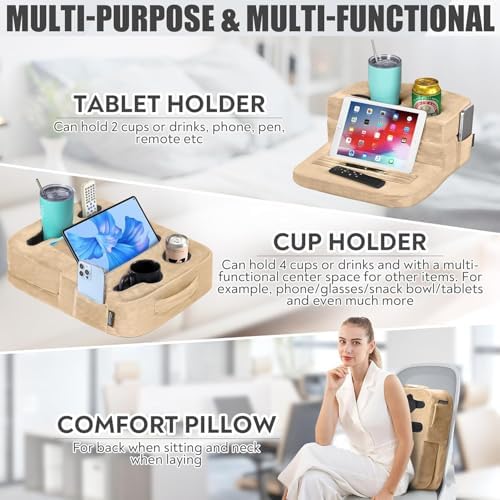 TabCouchCaddy - Couch Cup Holder Tray Pillow - Bed, Couch Caddy, Sofa, RV & Car - Holds Drinks, Snacks, Remotes, Phones, Kindle, Tablet | Bed Cup Holder (Beige) - Image 5