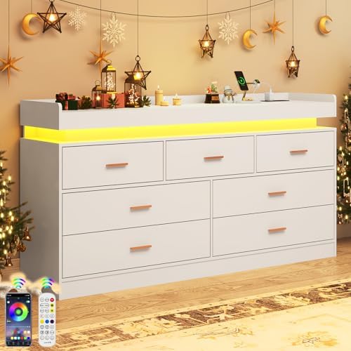 jiteentarou 7 Drawer Dresser with Charging Station and LED Lights, Modern Chest of Drawers with Power Outlet, Organizer Cabinet for Bedroom, Living Room, Entryway, White - Image 3