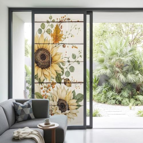 Window Privacy Film Frosted, Pumpkins Sunflower Fall Non-Adhesive Static Cling Window Tint, Thanksgiving Botanical Wooden Insulated Windows Frosted Films for Living Room, 35.4 x 78.7 Inches - Image 2