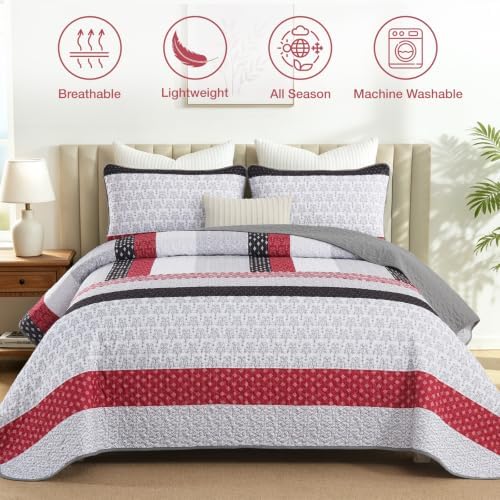 WONGS BEDDING Boho Queen Size Quilt Set, Black Red Striped Bedspread - Image 2