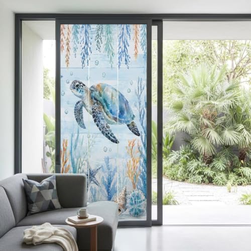 Window Privacy Film Frosted, Sea Turtle Coastal Non-Adhesive Static Cling Window Tint, Blue Ocean Coral Summer Beach Seaweed Insulated Windows Frosted Films for Living Room, 35.4 x 78.7 Inches - Image 2