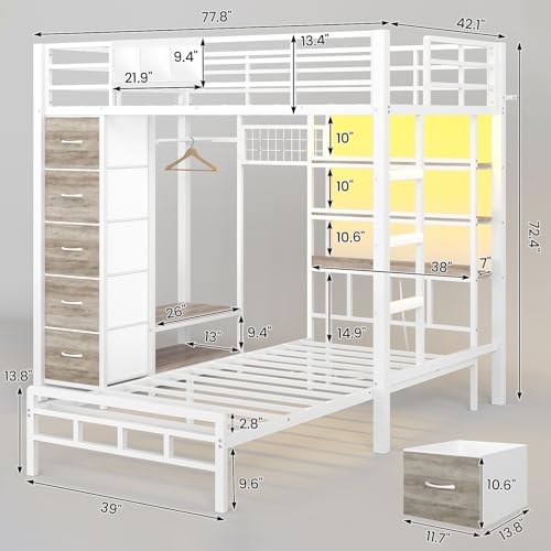 VIAGDO Bunk Bed Twin Over Twin with 5 Storage Drawers, Twin Bunk Beds with Charging Station and Lights, L-Shaped Metal Bunk Bed with Shelves, Bedside Pocket, Guardrail & Ladder for Kids, Teens, White - Image 2