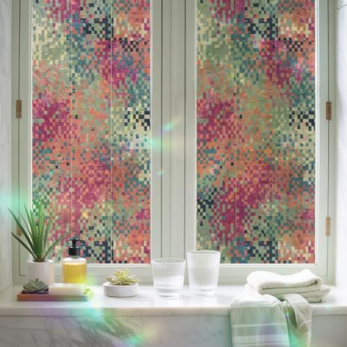 Window Privacy Film Static Cling, Colorful Geometric Decorative Stained Glass Window Film for French Doors/Wide Windows/Statement Glass Panels, Modern Boho Blocks Abstract Art 35.4 x 78.7 Inches - Image 6