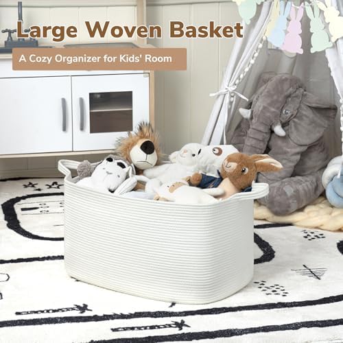 Goodpick Large Woven Rope Blanket Basket, Rectangle, White, 75L - Image 2