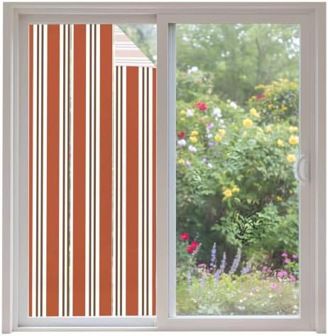 Window Privacy Film Frosted, Burnt Orange Brown Striped Non-Adhesive Static Cling Window Tint, Modern Farmhouse Vertical Stripes Insulated Windows Frosted Films for Living Room, 35.4 x 78.7 Inches by Unknown