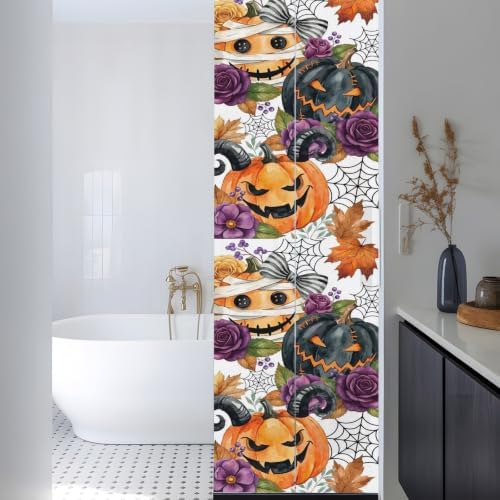 Window Privacy Film Frosted, Pumpkins Halloween Reusable Static Cling Window Tints, Black Horror Purple Floral Botanical Heat Control Windows Films for Offices, Balcony, 29.5 x 118 Inches - Image 3